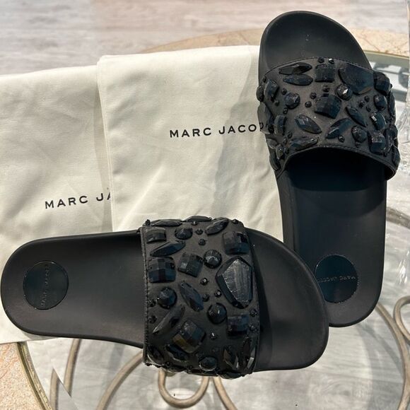 💛 Like New Marc Jacobs Cooper Embellished Black Crystal Sport Slides - Picture 2 of 2